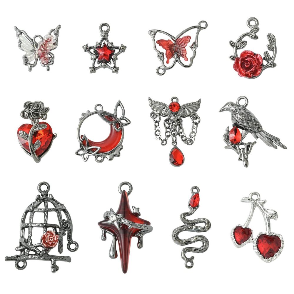 4025 12 pcs 12 Styles Alloy Rhinestone Gothic Charms Goth Theme Rose Snake